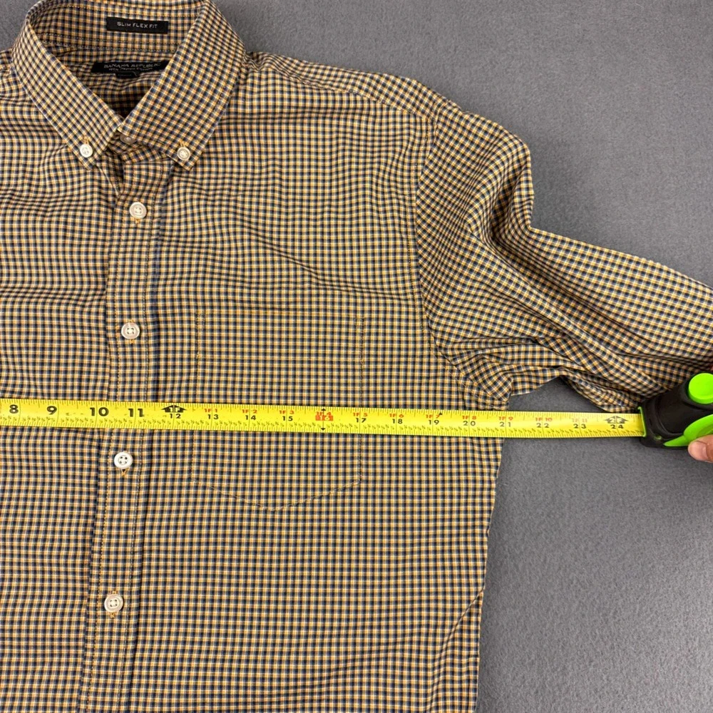 Banana Republic Shirt Men's M Yellow Blue Gingham Slim Flex Fit Tech Stretch